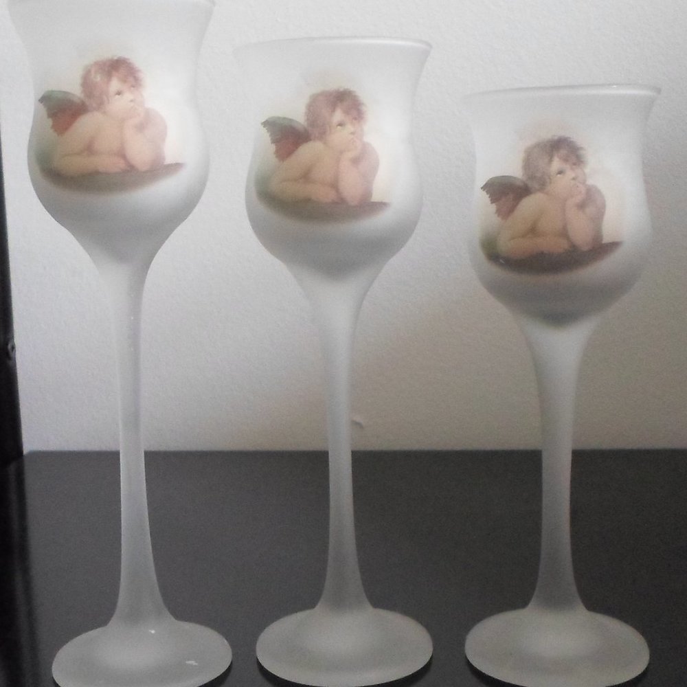 Frosted Stemmed Glass Cherub Candleholders – Set of 3 - Picture 2 of 5
